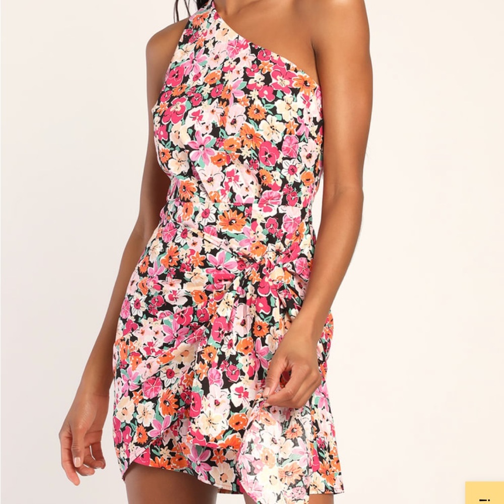 Lulus Pink Floral One-Shoulder Mini Dress